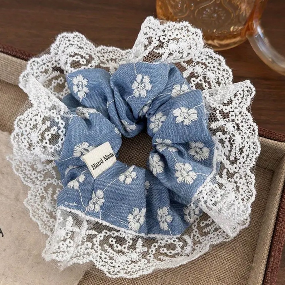 Y2K Denim Blue laced hair tie scrunchie